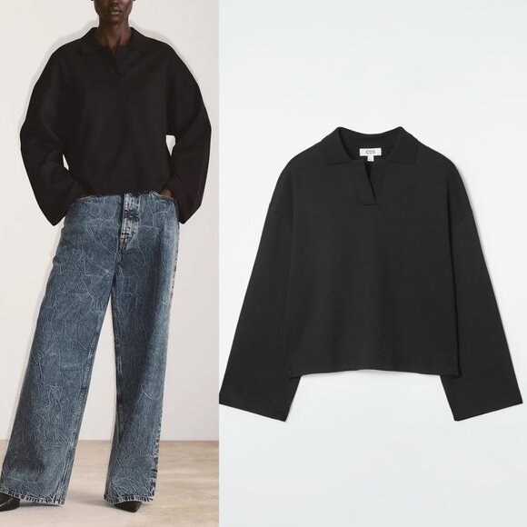 COS Jersey Rugby Shirt Top XS Black Collar V Neck Wide Long Sleeves Minimalist - Picture 4 of 16